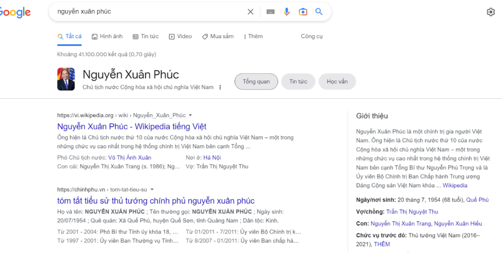 Google đưa ra thông tin về Nguyễn Xuân Phúc trên SERP